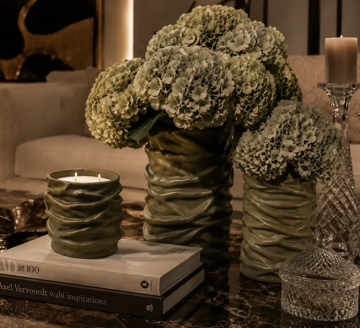 Vases LIGNA et hortensias
